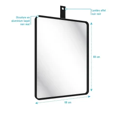 Miroir salle de bain 60x80cm suspendu noir mat - avec lanière effet cuir noir - NORDIK REKTANGEL