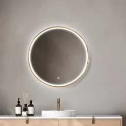 Miroir salle de bains éclairant à LED cadre doré rond Ø60 cm, anti-buée, MPGlass Céleste