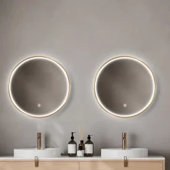 Miroir salle de bains éclairant à LED cadre doré rond Ø80 cm, anti-buée, MPGlass Céleste