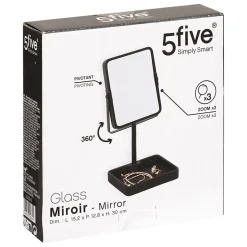 Miroir salle de bains grossissant x3 et pivotant en métal noir avec plateau l.15,2 x H.30 x P.12,8 cm, 5Five Simply Smart Glass