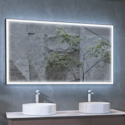 Miroir Salle de Bains Lumineux SUIZA Anti-Buée et Eclairage Frontal Triled Tactile On/Off Noir Mat 70x80cm LEDIMEX