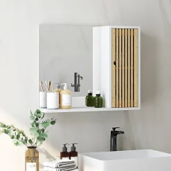 Miroir étagère style cosy - armoire miroir salle de bain 1 porte - bambou blanc