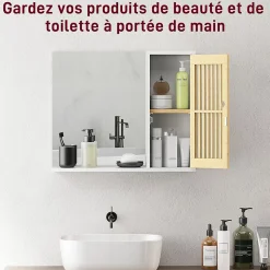 Miroir étagère style cosy - armoire miroir salle de bain 1 porte - bambou blanc