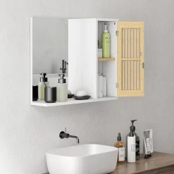 Miroir étagère style cosy - armoire miroir salle de bain 1 porte - bambou blanc