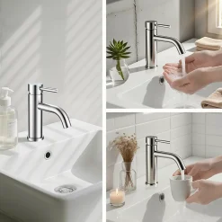 Mitigeur acier inoxydable 304, pour cuisine/salle de bain/lavabo/toilettes invités, avec tuyau, eau chaude/froide, argent