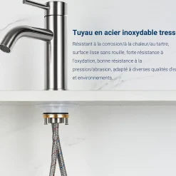 Mitigeur acier inoxydable 304, pour cuisine/salle de bain/lavabo/toilettes invités, avec tuyau, eau chaude/froide, argent