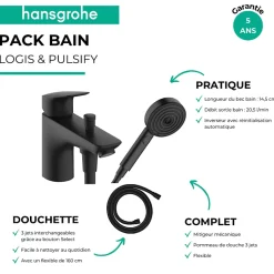 Mitigeur baignoire mécanique HANSGROHE Logis C2 + pack pommeau Pulsify Select 3 jets EcoSmart + flexible Isiflex 160 cm noir mat