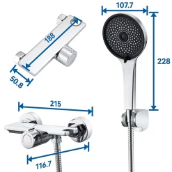 Mitigeur baignoire avec douchette Salle de Bain Robinet de baignoire avec 5 Fonctions Douchette Chrome