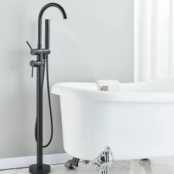 Mitigeur baignoire îlot Noir mat, Bec cascade, Douchette, Laiton massif