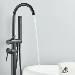 Mitigeur baignoire îlot Noir mat, Bec cascade, Douchette, Laiton massif