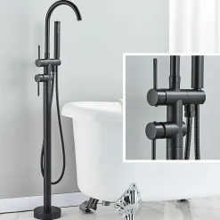 Mitigeur baignoire îlot Noir mat, Bec cascade, Douchette, Laiton massif