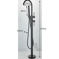 Mitigeur baignoire îlot Noir mat, Bec cascade, Douchette, Laiton massif