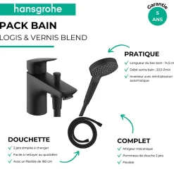Mitigeur baignoire mécanique HANSGROHE Logis C2 + pack pommeau Vernis Blend 2 jets EcoSmart + flexible Isiflex 160 cm noir mat