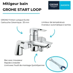 Mitigeur baignoire monocommande GROHE Start Loop chromé + Colonnettes Luxe chromé