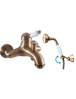 Mitigeur baignoire mural LABE en laiton bronze-Bronze-Avec douchette à support pivotant-Bronze--26 -