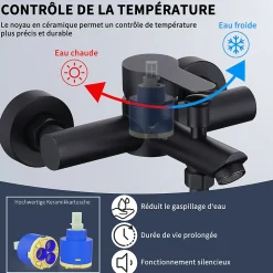 Mitigeur Bain Douche Mecanique Robinet de Douche Bain Mecanique Monocommande Double Sortie Mural Acier Inoxydable Noir