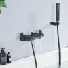 Mitigeur de Baignoire Mural avec Bec Cascade et Douchette a Main Flexible 1 5 m Laiton Noir Mat