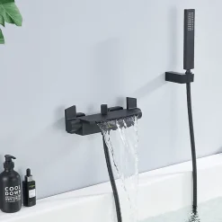 Mitigeur de Baignoire Mural avec Bec Cascade et Douchette a Main Flexible 1 5 m Laiton Noir Mat