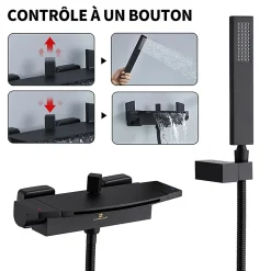 Mitigeur de Baignoire Mural avec Bec Cascade et Douchette a Main Flexible 1 5 m Laiton Noir Mat
