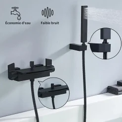 Mitigeur de Baignoire Mural avec Bec Cascade et Douchette a Main Flexible 1 5 m Laiton Noir Mat