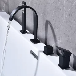Mitigeur de Douche et Robinet de Douche Bain-Douche 4 Trous Double Sortie Encastre en Laiton Noir Bec Cascade Pivotant 360