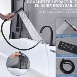 Mitigeur de Douche et Robinet de Douche Bain-Douche 4 Trous Double Sortie Encastre en Laiton Noir Bec Cascade Pivotant 360