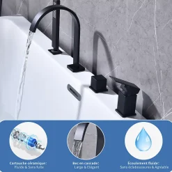 Mitigeur de Douche et Robinet de Douche Bain-Douche 4 Trous Double Sortie Encastre en Laiton Noir Bec Cascade Pivotant 360