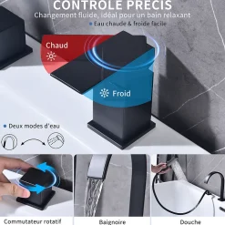 Mitigeur de Douche et Robinet de Douche Bain-Douche 4 Trous Double Sortie Encastre en Laiton Noir Bec Cascade Pivotant 360