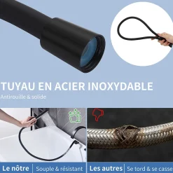 Mitigeur de Douche et Robinet de Douche Bain-Douche 4 Trous Double Sortie Encastre en Laiton Noir Bec Cascade Pivotant 360
