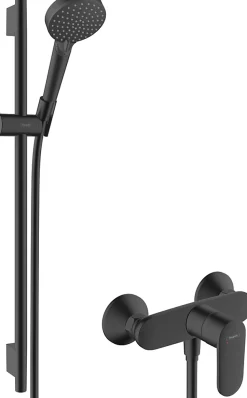 Mitigeur de douche mécanique noir mat avec douchette, flexible et barre réglable, Hansgrohe Vernis Blend