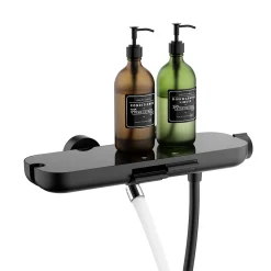 Mitigeur de Douche Robinet Douche Bain Douche Mural Monocommande à Bouton avec Double Sortie et Plateau Rangement Noir
