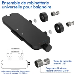 Mitigeur de Douche Robinet Douche Bain Douche Mural Monocommande à Bouton avec Double Sortie et Plateau Rangement Noir