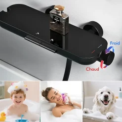 Mitigeur de Douche Robinet Douche Bain Douche Mural Monocommande à Bouton avec Double Sortie et Plateau Rangement Noir