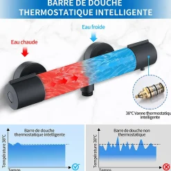 Mitigeur de douche thermostatique securite 38C temperature stable reglage debit separe mural en laiton noir pour douche