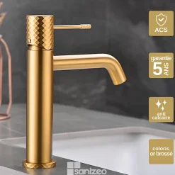 Mitigeur de Lavabo Anti-Calcaire Bec Bas Or Brossé IMEX GENOVA BDG053-1OC