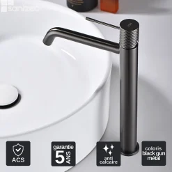 Mitigeur de Lavabo Anti-Calcaire Bec Haut Black Gun Métal IMEX GENOVA BDG053-3BGM