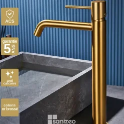 Mitigeur de Lavabo Anti-Calcaire Bec Haut Or Brossé IMEX MONZA BDM039-3OC
