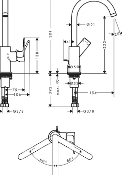 Mitigeur de lavabo avec bec orientable, tirette et vidage chromé, Hansgrohe Rebris E 210