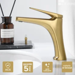 Mitigeur de Lavabo Bec Bas Anti-Calcaire Or Brossé IMEX DELOS BDD055-1OC
