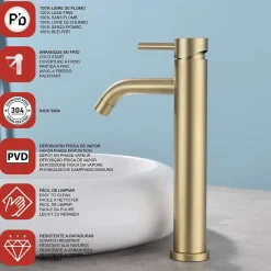Mitigeur de lavabo bec haut SKY BATH or brossé PVD Inox S304 série Rock