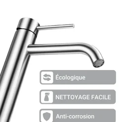 Mitigeur de lavabo haut, acier inoxydable 304 brossé argenté, mixte froid/chaud