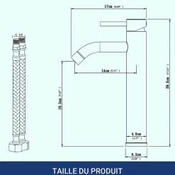Mitigeur de lavabo haut, acier inoxydable 304 brossé argenté, mixte froid/chaud