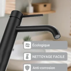 Mitigeur de lavabo haut, noir, monocommande, acier inoxydable, mixte froid/chaud