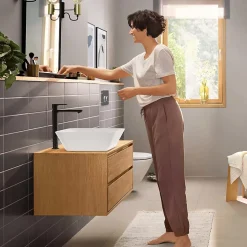Mitigeur de lavabo pour vasque à poser avec tirette et vidage noir mat, Hansgrohe Rebris E 240 CoolStart