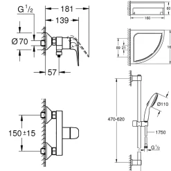 Mitigeur douche mécanique GROHE Swift 2023 + Ensemble de douche 2 jets avec barre + Tablette de douche d'angle