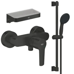 Mitigeur douche mécanique GROHE start Black + Ensemble de douche 2 jets avec barre Noir + Panier douche