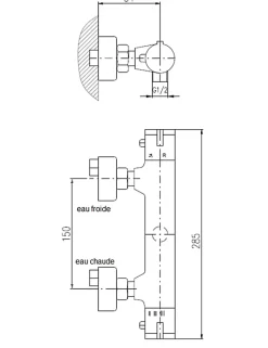 Mitigeur douche mural thermostatique laiton chromé sortie douchette bas-Chromé-Avec douchette à support fixe-Chromé--28.5 -