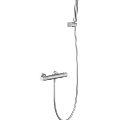 Mitigeur douche thermostatique nickel brosse en laiton et zamac avec support et flexible