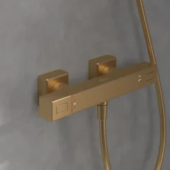 Mitigeur douche thermostatique VILLEROY ET BOCH Universal rectangle + Ensemble de douche Verve Showers 3 jets Or brossé