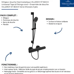 Mitigeur douche thermostatique VILLEROY ET BOCH Universal rond + Ensemble de douche Verve Showers 3 jets noir mat